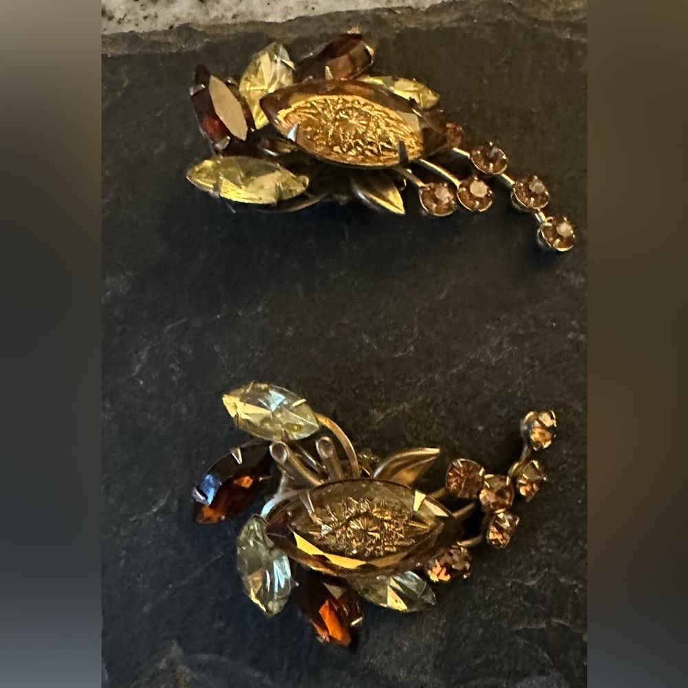 Vintage Elegant Gold and Brown Floral Clip Earrings